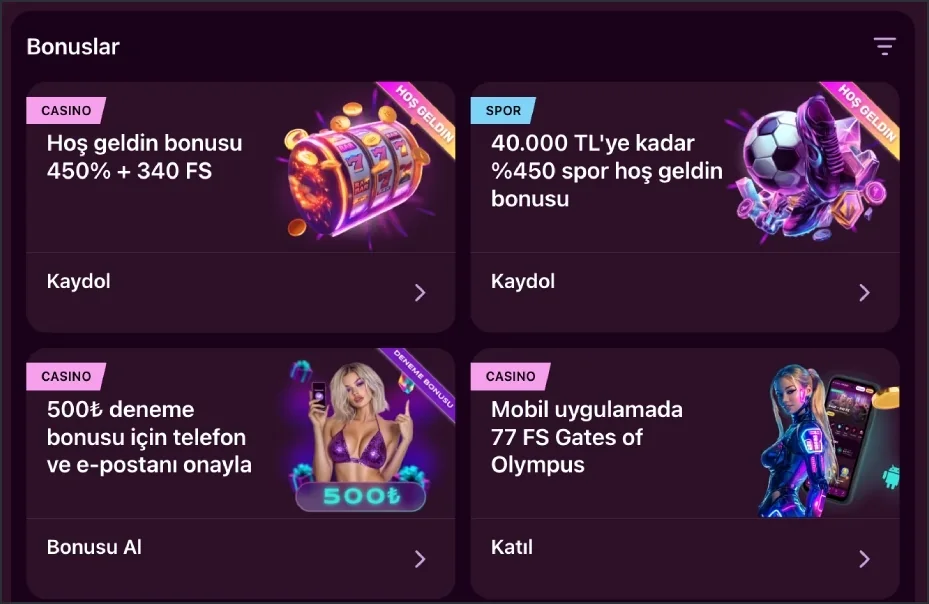 Lüksgazino bonuslar sekmesi kart görünümü Lüksgazino bonuslar sekmesi; hoş geldin bonusu, spor hoş geldin bonusu, deneme bonusu ve mobil uygulama bonusu kartları