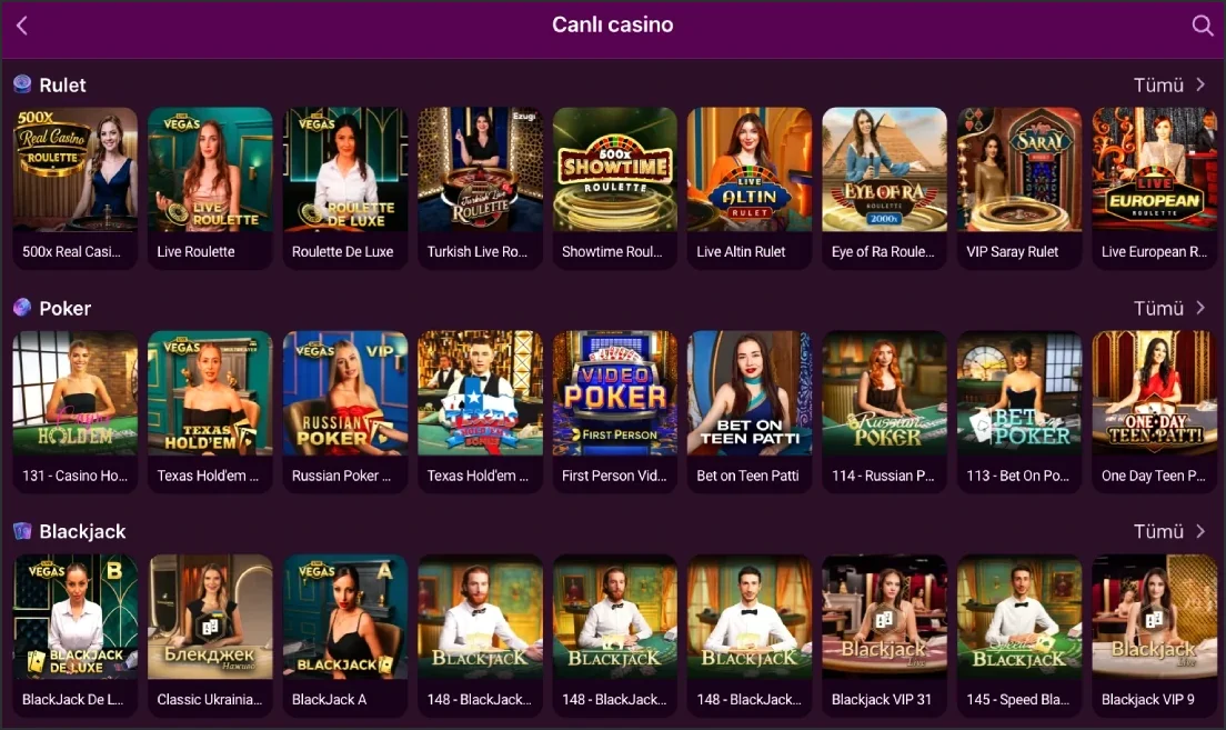 Canlı casino masa listesi görünümü Canlı Casino sekmesinde Rulet, Poker ve Blackjack masa küçük resimlerinin sıralandığı liste