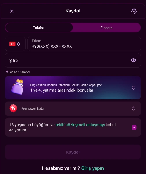 Kayıt formu alanları görünümü Kaydol formunun telefon alanı, şifre kutusu, hoş geldiniz bonusu paketi ve onay kutusu satırları