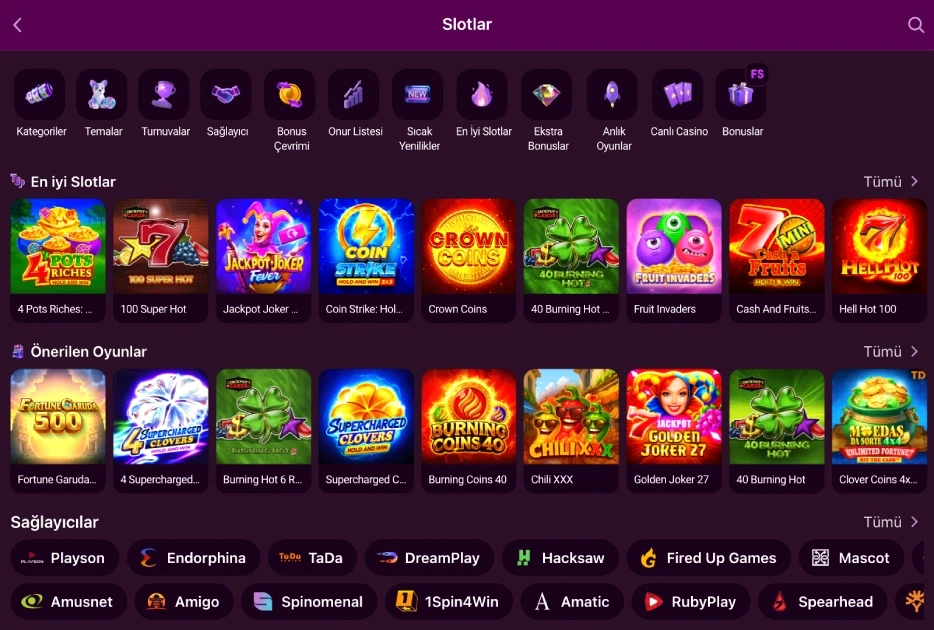 Slotlar bölümü oyun ve sağlayıcı sıraları Slotlar sekmesinin Popüler Slotlar ve Önerilen Oyunlar sıraları ile sağlayıcı rozetleri